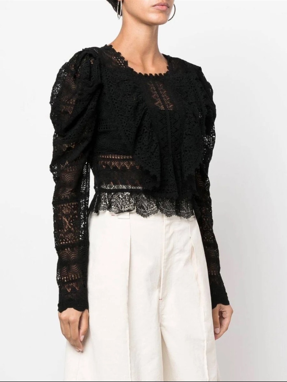 Ulla Johnson Handmade Eloise Black Lace Puff-Sleeve Cropped Blouse
